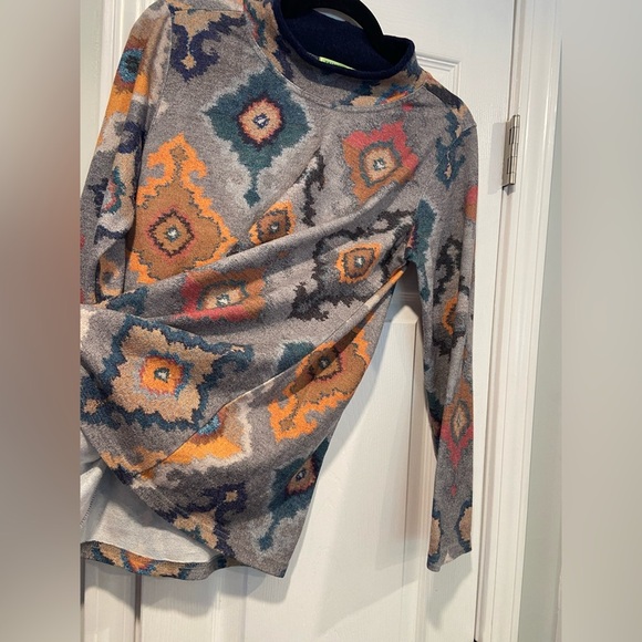 Trisha Tyler Size S Navy Blue Aztec Print Long Sleeve Mock Neck Stretch Top - Picture 3 of 11